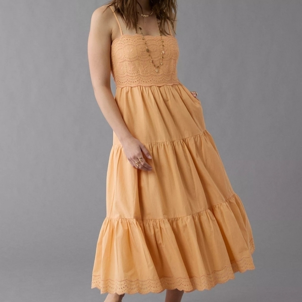 NWT American Eagle Orange Scalloped Midi Dress Size M.